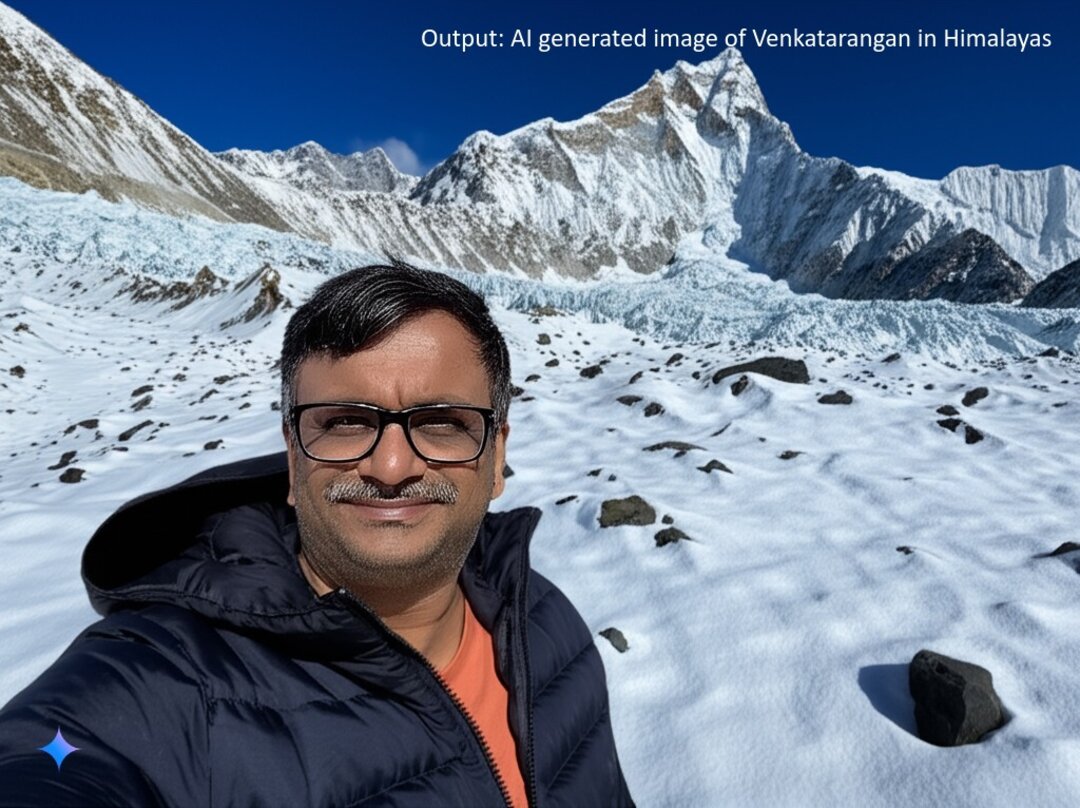 Output: AI-generated image of Venkatarangan with a winter jacket near Himalayas base camp.