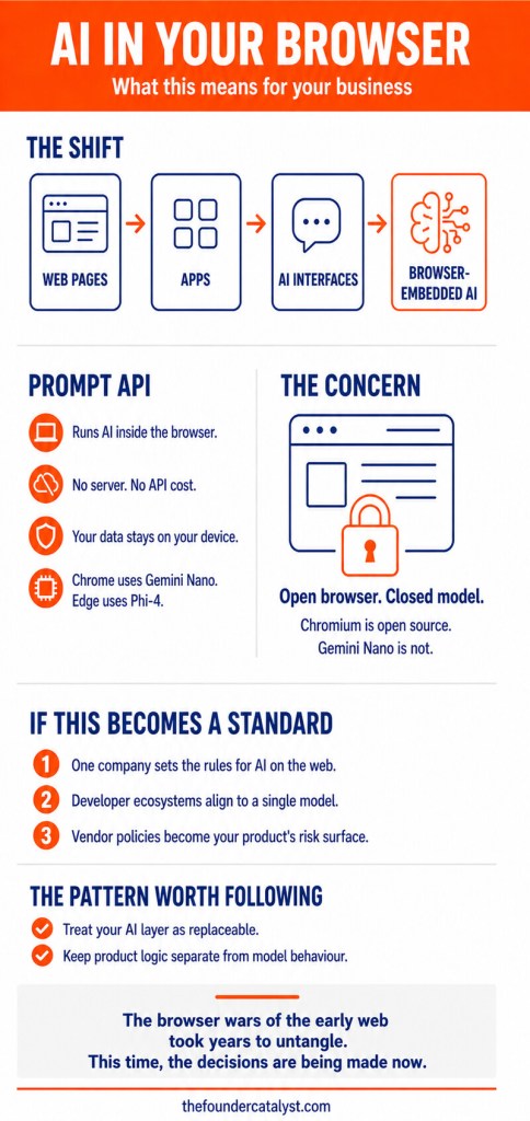 Infographic titled 'AI IN YOUR BROWSER' outlining the shift towards browser-embedded AI, highlighting the shift from web pages to applications and AI interfaces.