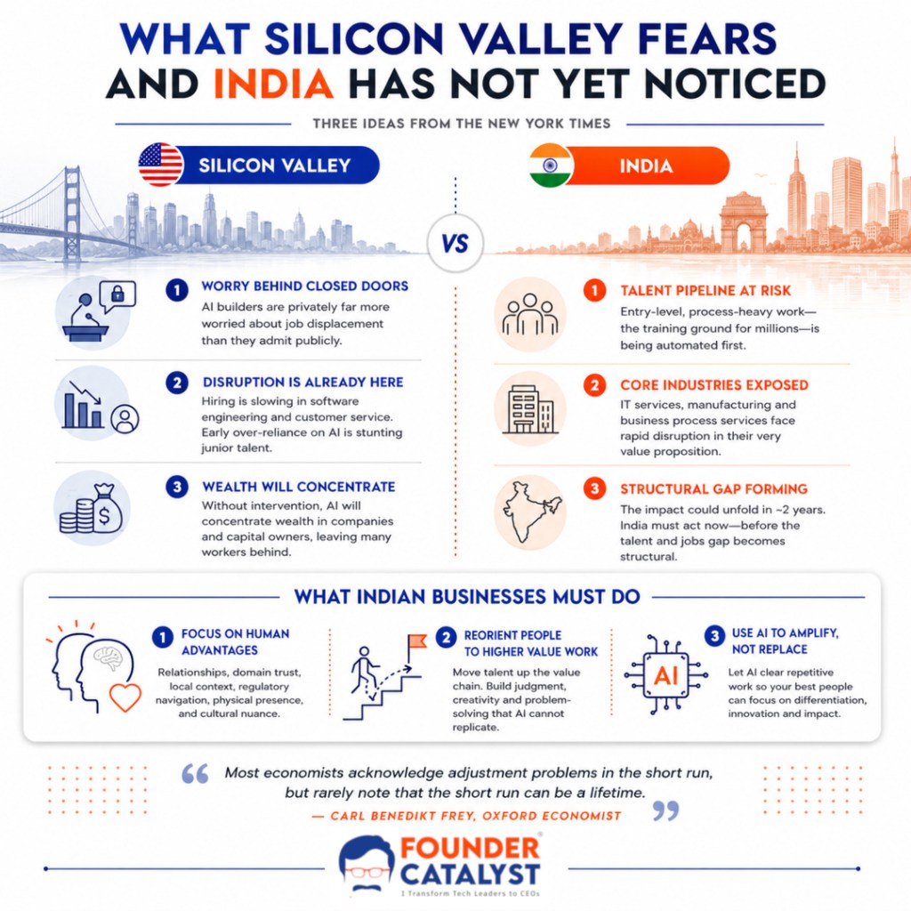 Infographic comparing Silicon Valley and India: three fears from the New York Times (job displacement worry, disruption already here, wealth concentration) mapped to three risks for India (talent pipeline, core industries exposed, structural gap), with three actions Indian businesses must take