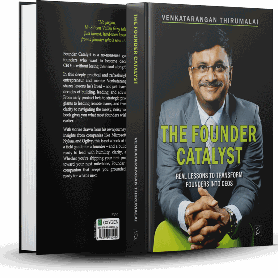 Front cover, spine and back cover of The Founder Catalyst by Venkatarangan Thirumalai