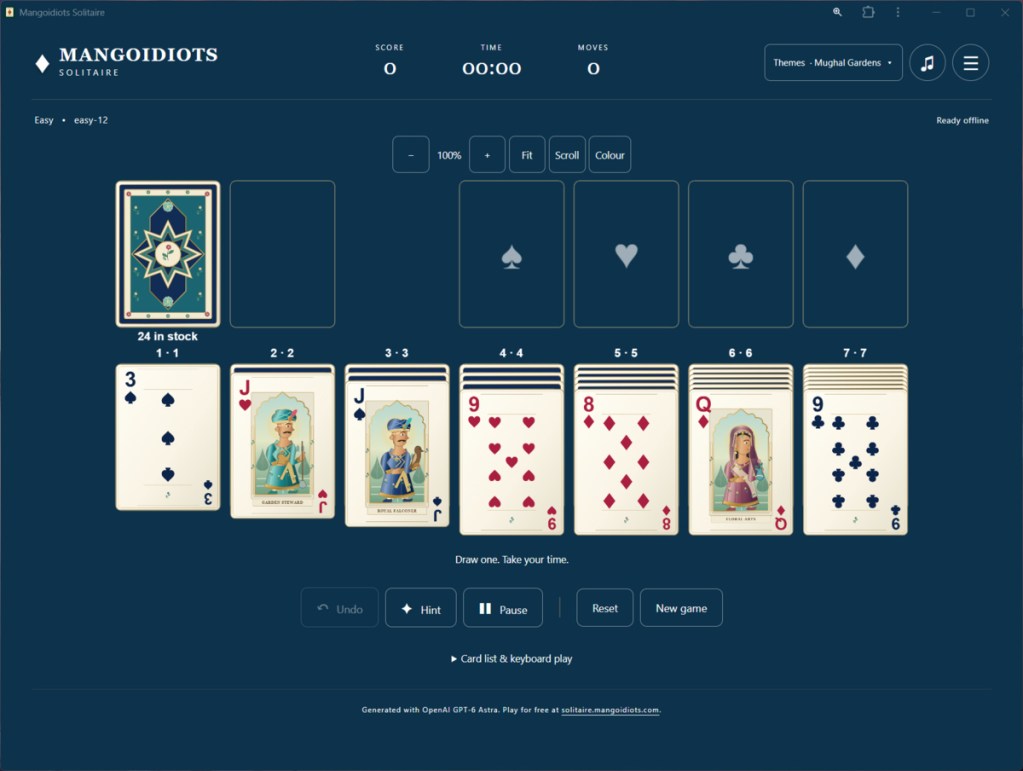 Screenshot of Mangoidiots Solitaire showing a Klondike game in progress with Mughal Gardens themed playing cards