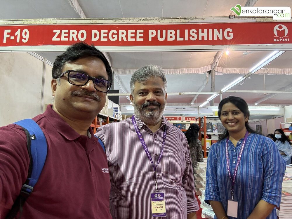 Venkatarangan Thirumalai at the Zero Degree stall with the publishing team, Chennai Book Fair 2026.