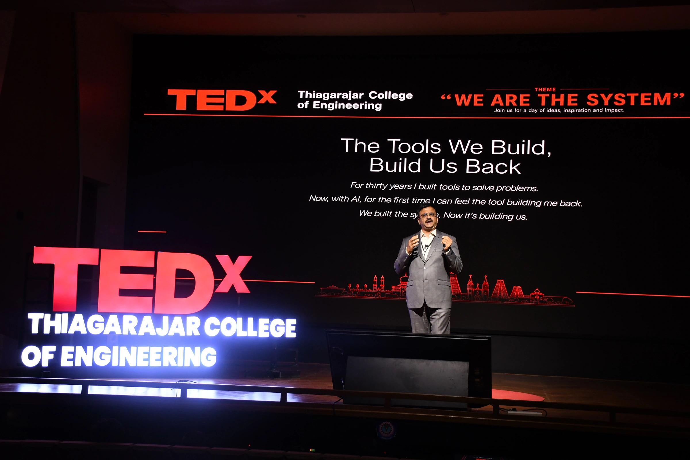 Venkatarangan Thirumalai speaking at TEDx on 'The tools we build, build us back'.