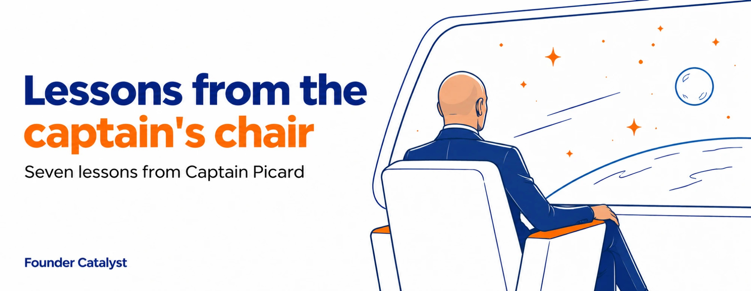 Flat vector illustration of a bald man in a navy suit seen from behind, seated in a command chair facing a wide window of orange stars and a planet. Headline reads: Lessons from the captain's chair. Seven lessons from Captain Picard.
